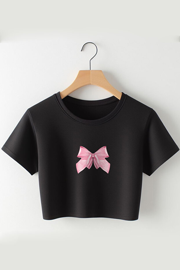 Ribbon Printed 2024 Coquette Fashion Oversize Crew Neck Crop