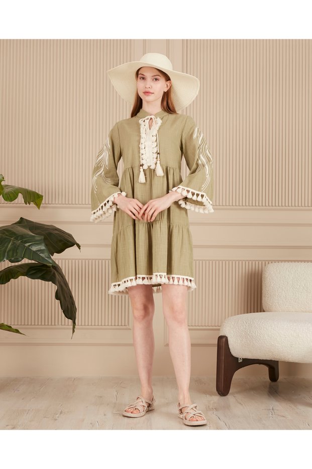 Women's Khaki Linen Dress with Placket Collar and Pompom Sleeves and Embroidery Detail