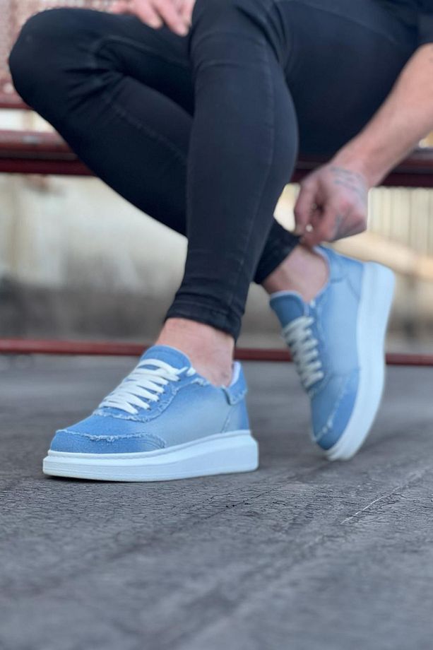 J018 Bağcıklı Ortopedik Taban Kot Kumaş Erkek Sneaker Günlük Ayakkabı BT Açık Mavi - 3
