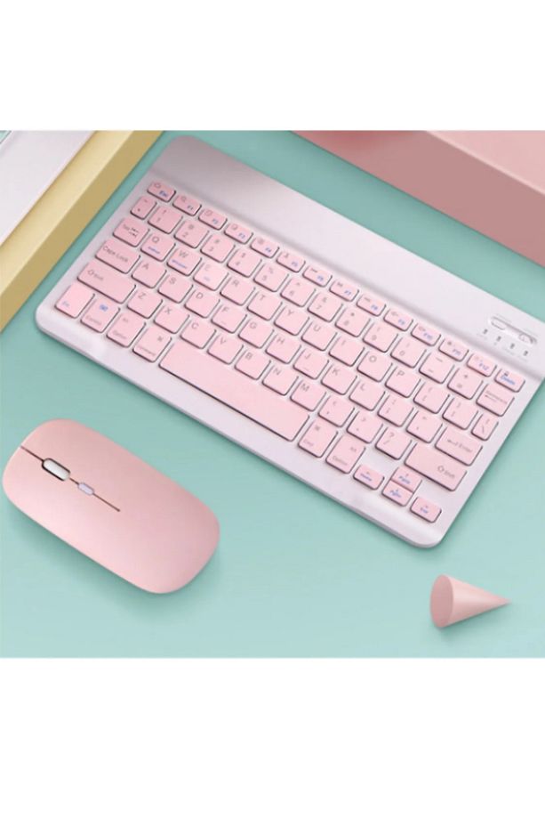 Apple iPad Pro 6. Nesil 12.9" Uyumlu Kablosuz Bluetooth Şarjlı Mini Q Klavye Mouse Seti - Pembe - 3