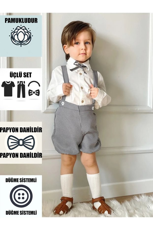 Gray Short Patterned Salopet and White Shirt Set of Three Children's and Baby Clothing Holiday Girls and Boys