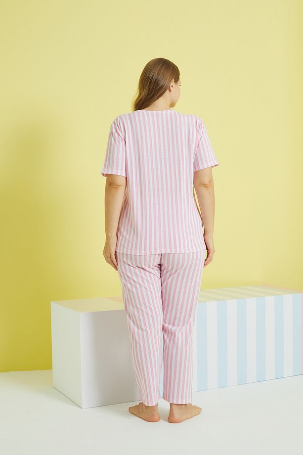 çok renkli Curve Büyük Beden Battal Boy Örme Pijama Takımı - 3