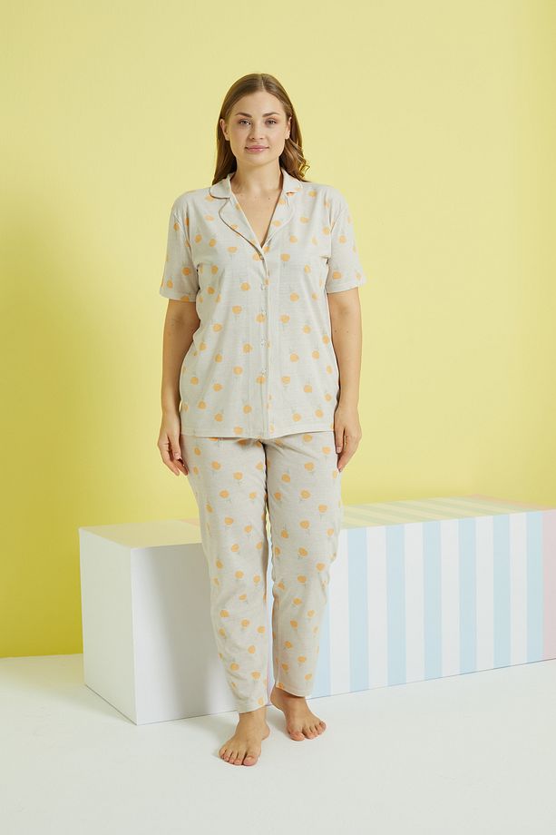 çok renkli Örme Curve Büyük Beden Battal Boy Düğmeli Pijama Takımı - 2