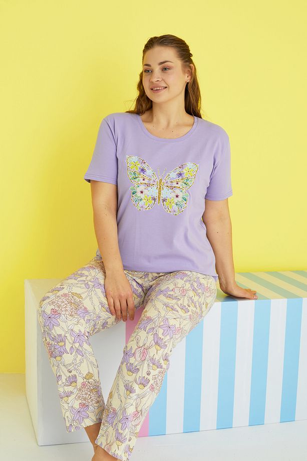 çok renkli Curve Büyük Beden Battal Boy Örme Pijama Takımı - 1