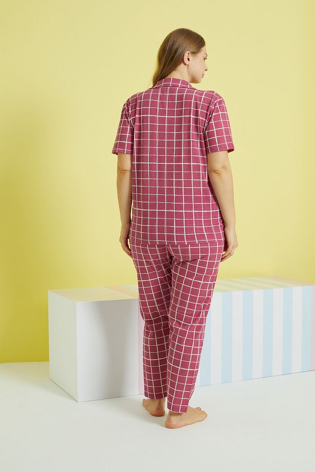 çok renkli Örme Curve Büyük Beden Battal Boy Düğmeli Pijama Takımı - 3