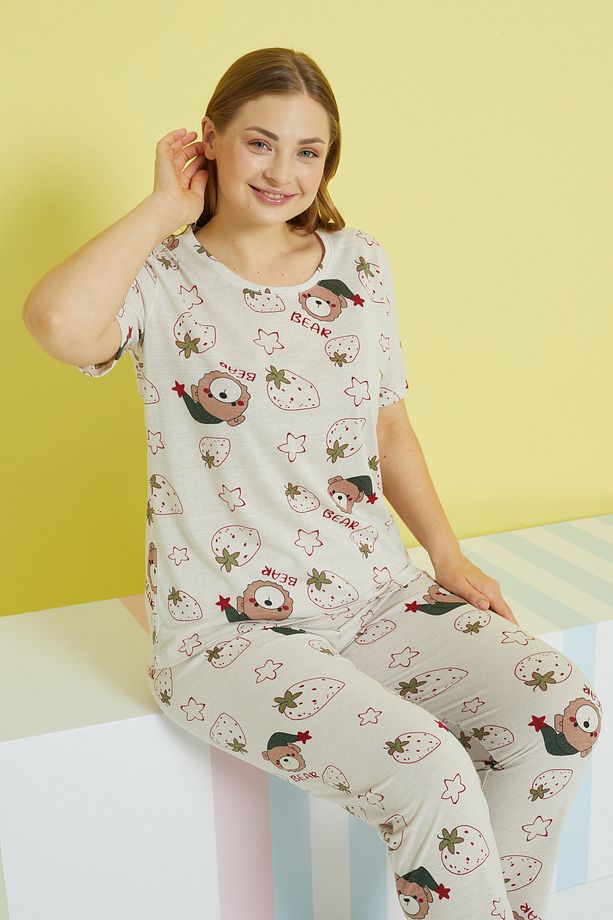 çok renkli Curve Büyük Beden Battal Boy Örme Pijama Takımı - 1