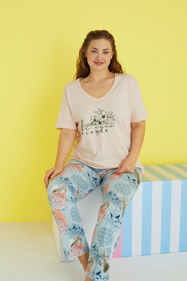 çok renkli Curve Büyük Beden Battal Boy Örme Pijama Takımı - 1