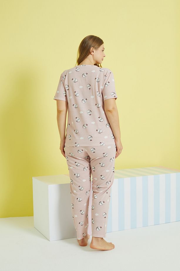 çok renkli Curve Büyük Beden Battal Boy Örme Pijama Takımı - 3