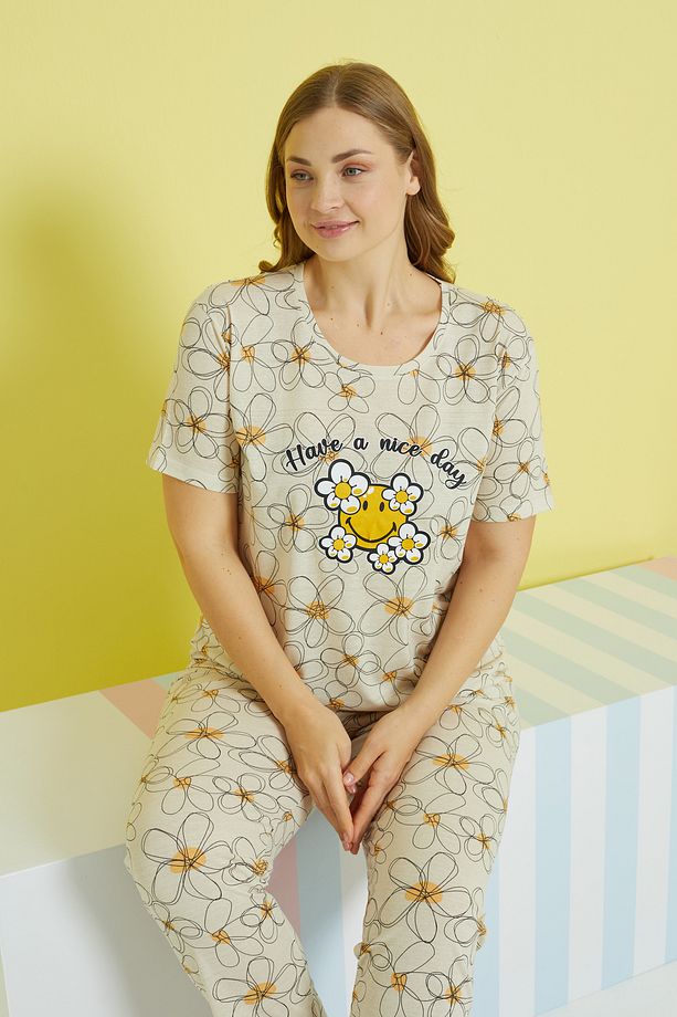çok renkli Curve Büyük Beden Battal Boy Örme Pijama Takımı - 1