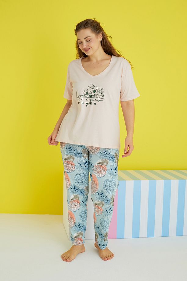 çok renkli Curve Büyük Beden Battal Boy Örme Pijama Takımı - 2