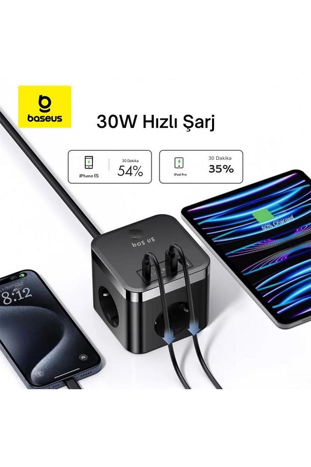 7in1 Masaüstü Şarj İstasyonu 30W 1.5Mt  2 USB 2 Type-C Şarj Başık Ve 3 AC Priz Çoğaltıcı - 6
