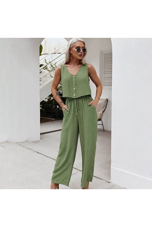 Kadın Pamuk Keten Yelek Bol Paça Pantolon İkili Takım Yeşil - 2