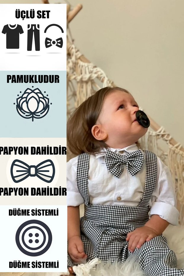 Unisex Children's Set of 3 Houndstooth Salopette Baby and Children's Clothing Boys and Girls Holiday Gift