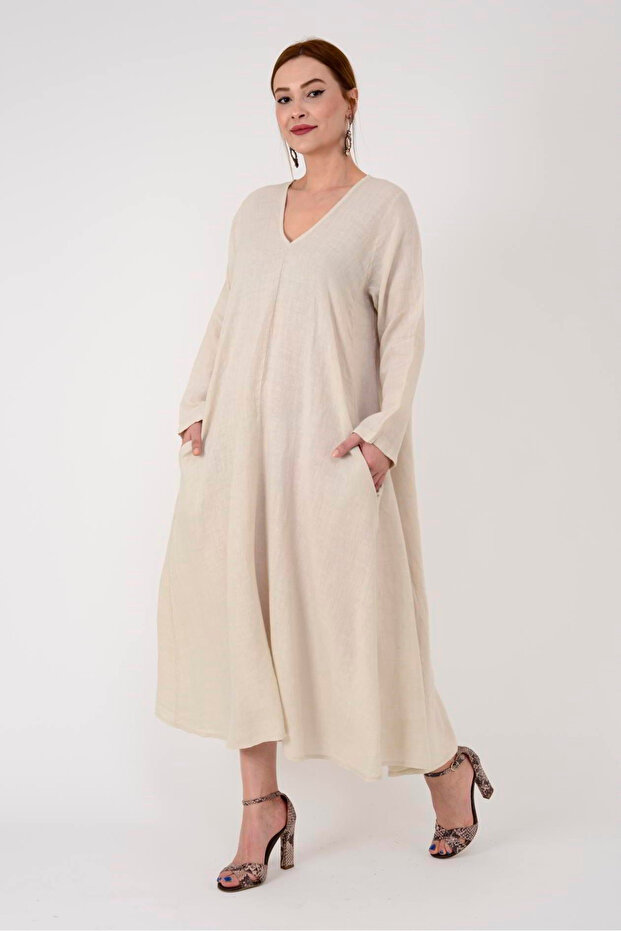 WOMEN'S V-NECK POCKET LINEN DRESS