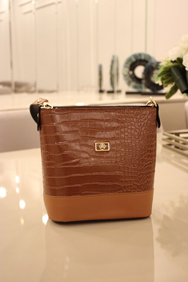 Crocodile Patterned Bucket Model Women's Hand and Shoulder Crossbody Bag Gold Accessory