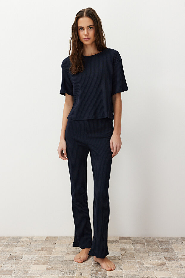 Lacivert Slogan Baskılı Lastik Detaylı Fitilli T-shirt-Pantolon Örme Pijama THMSS21PT1016 - 2