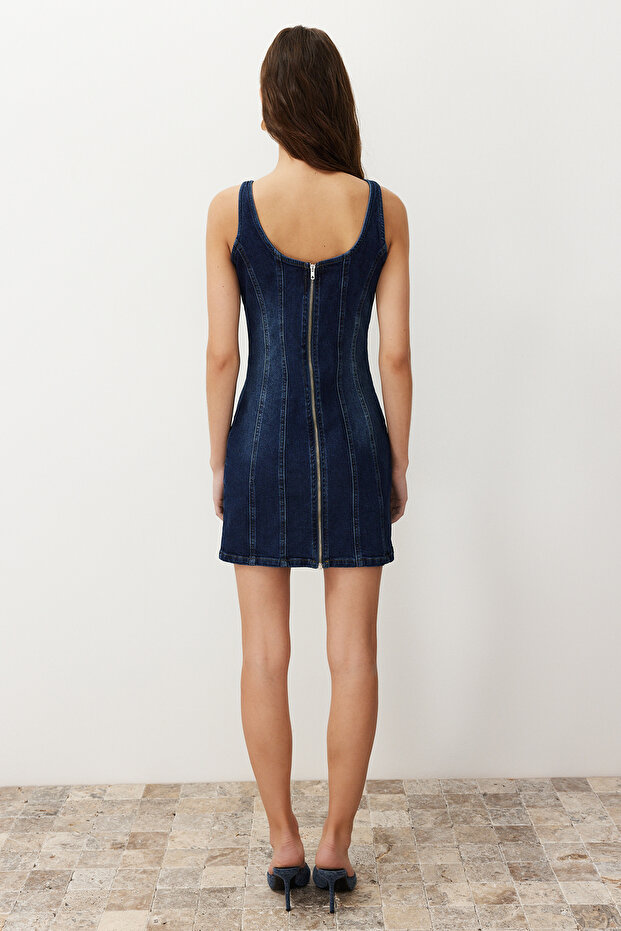 Mavi Dikiş Detaylı Fitted/Vücuda Oturan Mini Comfort/Esnek Denim Elbise TWOSS24EL00284 - 6