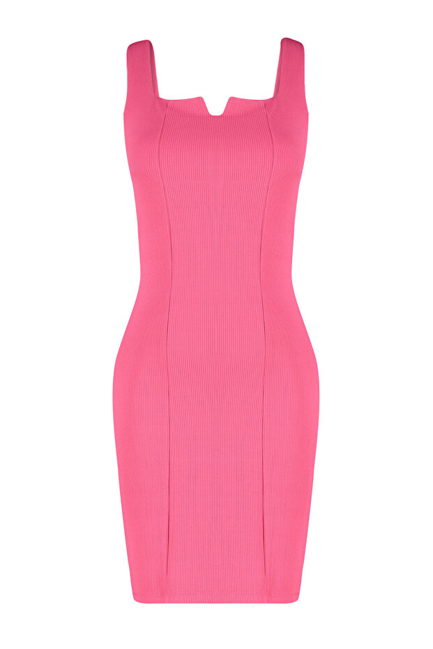 Fuşya Fitilli Askılı Bodycone/Vücuda Oturan Esnek Örme Mini Kalem Elbise TWOSS24EL00589 - 6