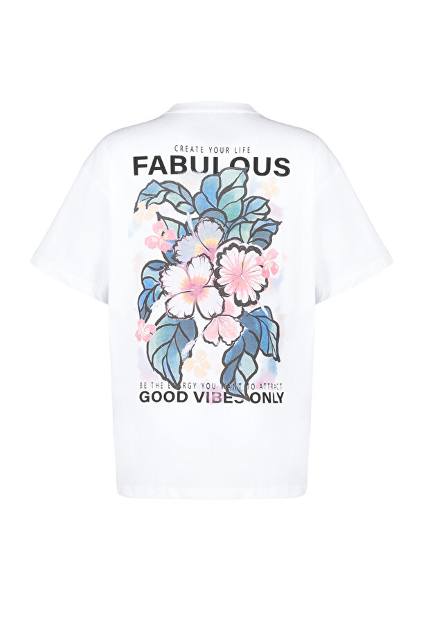 Ekru %100 Pamuk Sırt ve Ön Baskılı Oversize/Geniş Kesim Örme T-Shirt TWOSS24TS00183 - 8