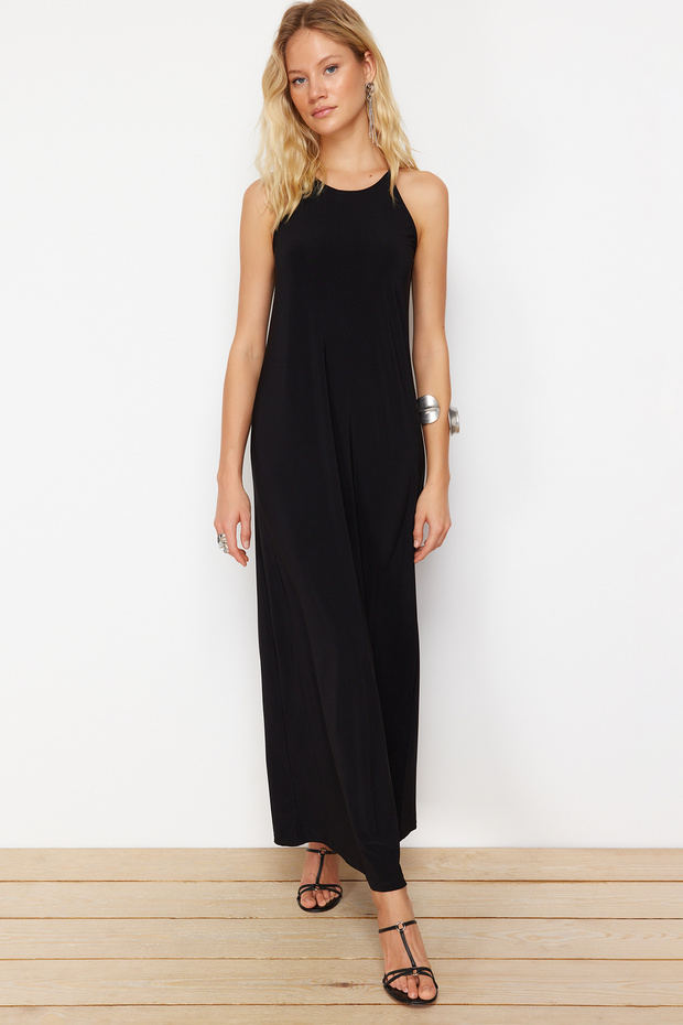Siyah Soyut Halter Yaka A-line/Çan Açılan Esnek Maxi Örme Kalem Elbise TWOSS24EL00558 - 4