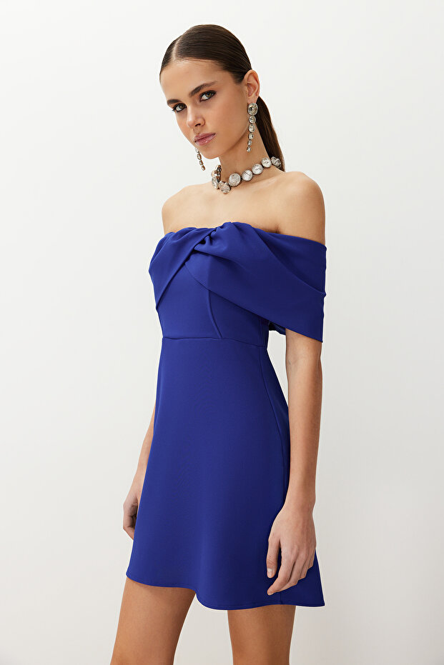 Saks Vücudu Saran Carmen Yaka Dokuma Mini Elbise TPRSS24EL00154 - 2