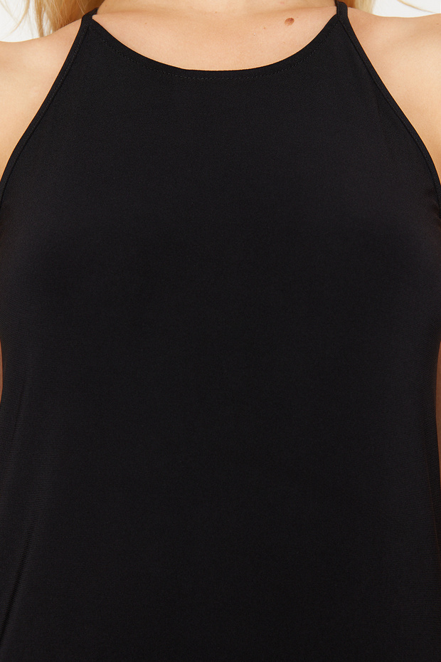 Siyah Soyut Halter Yaka A-line/Çan Açılan Esnek Maxi Örme Kalem Elbise TWOSS24EL00558 - 3