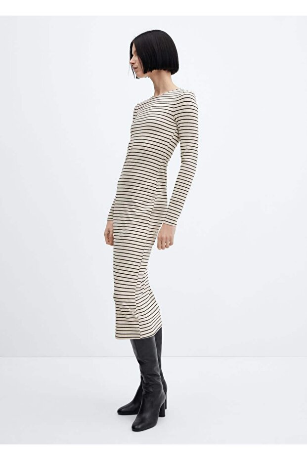 Çizgili lastik örgü elbise - 2