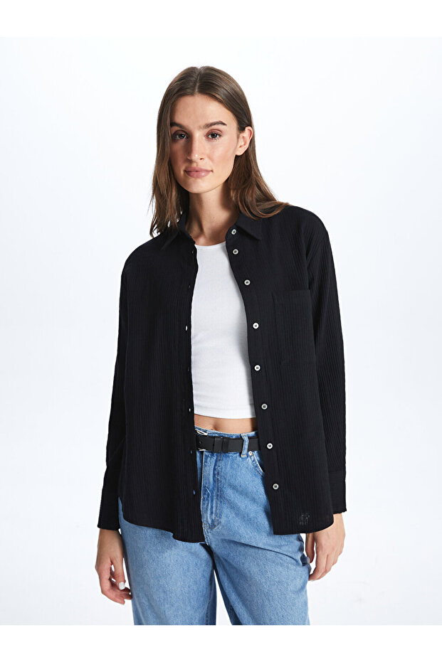 LCW Düz Uzun Kollu Müslin Kadın Gömlek - 1