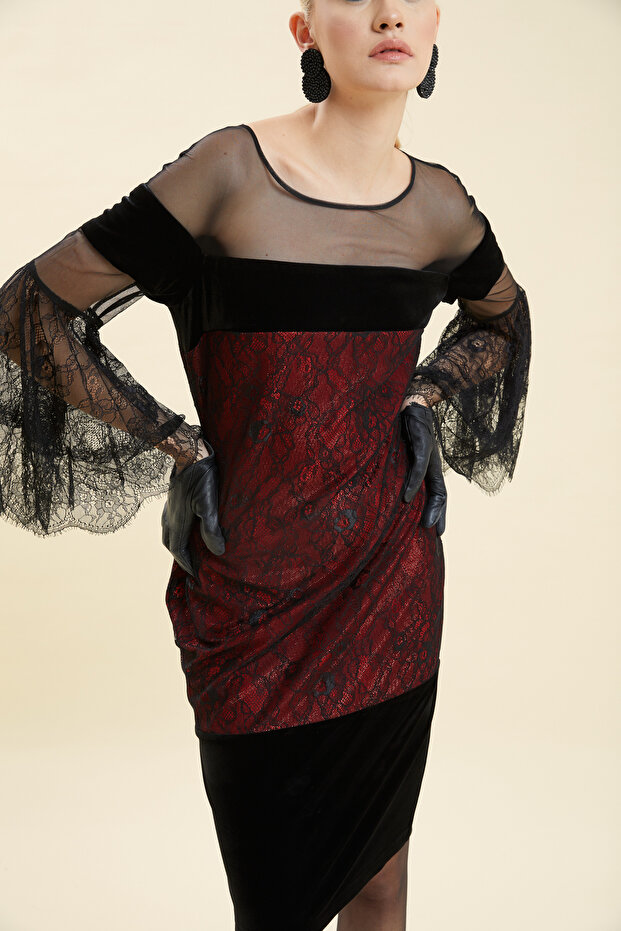 DANTEL DETAYLI TRANSPARAN ABİYE ELBİSE - 2