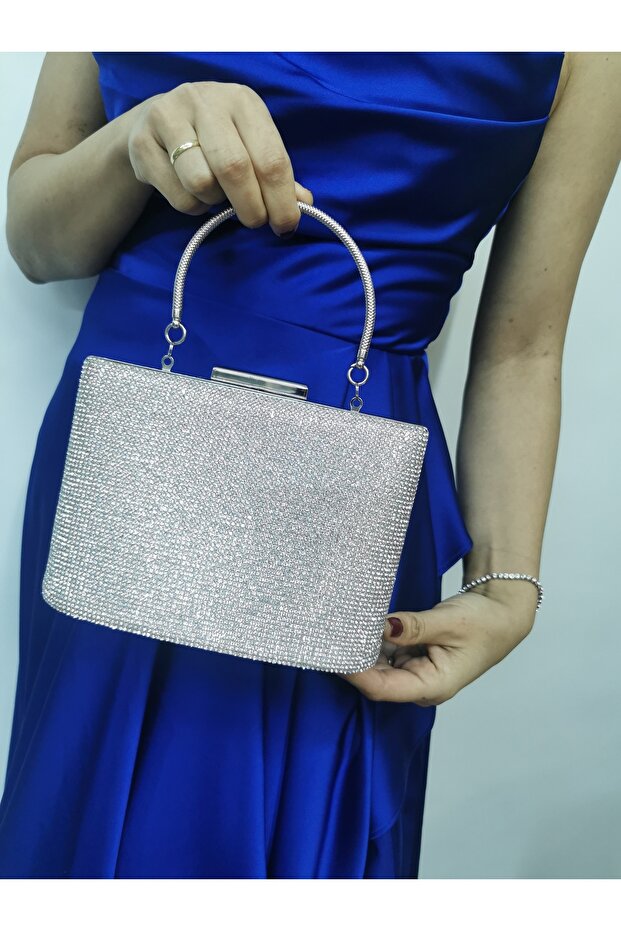 Women's Stoned Silver Evening Dress Clutch Portfolio Chain Strap Handheld Wedding Engagement Night Shoulder Bag