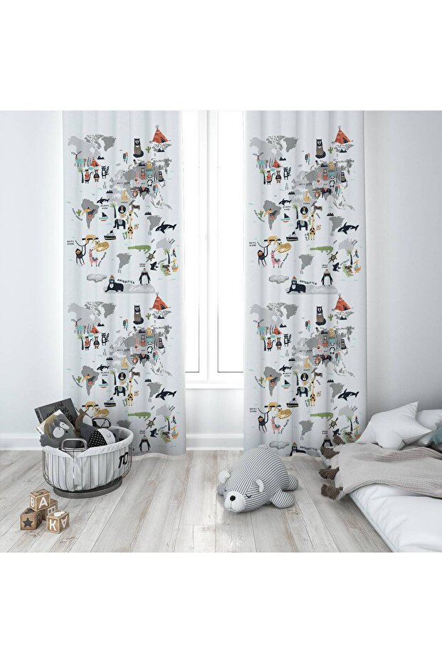 65X260Cm Digital Printed Double Winged Background Curtain - Kids Room World Map Model
