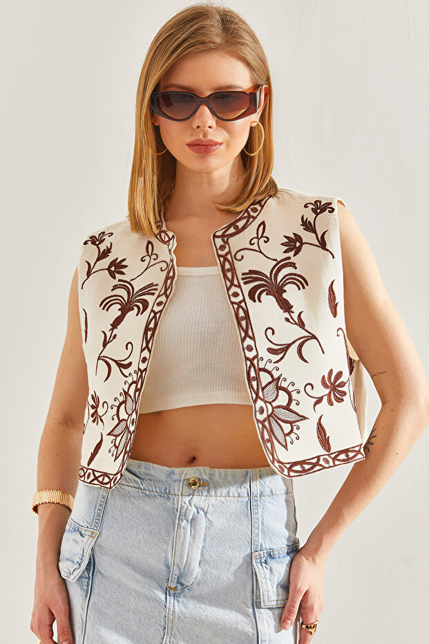 Women's Beige Embroidered Lined Linen Vest 60211014