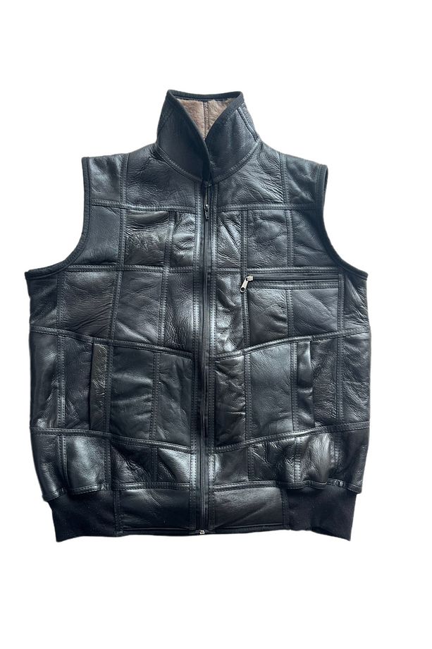 PatchWork İçi Kürk-Dışı Süet Hakiki Deri Yakalı Biye ve Triko Detaylı Yelek - 2