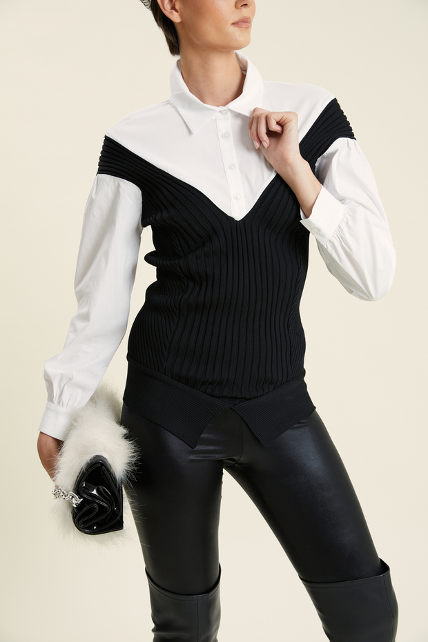 Triko Detaylı Poplin Gömlek - 3