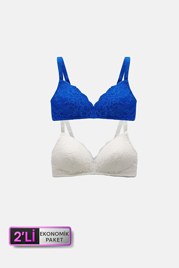 6817 Economic Pack of 2 Venice Unassisted Ecru - Cobalt Blue Lace Bra Set