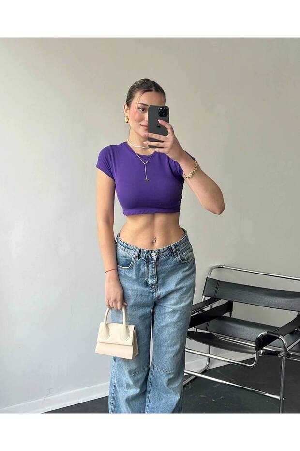 Kadın Bisiklet Yaka Basic Crop Mor