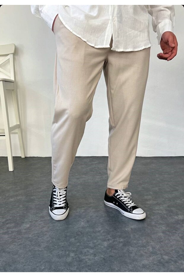 Men's Cream Fabric Boyfriend Pants Elastic Waist Double Leg Jogger