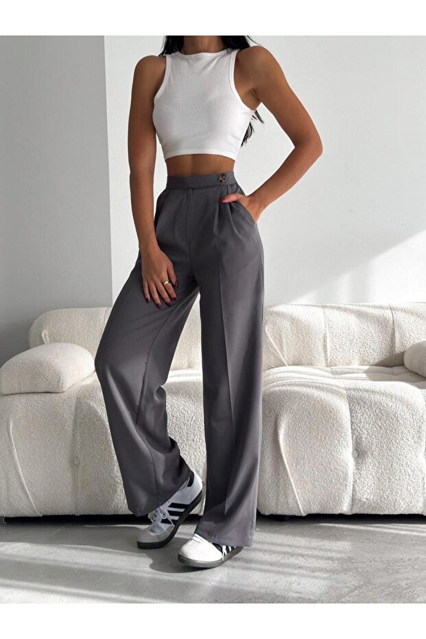 Women's Gray Button Detailed Woven Fabric Pleated Palazzo Trousers
