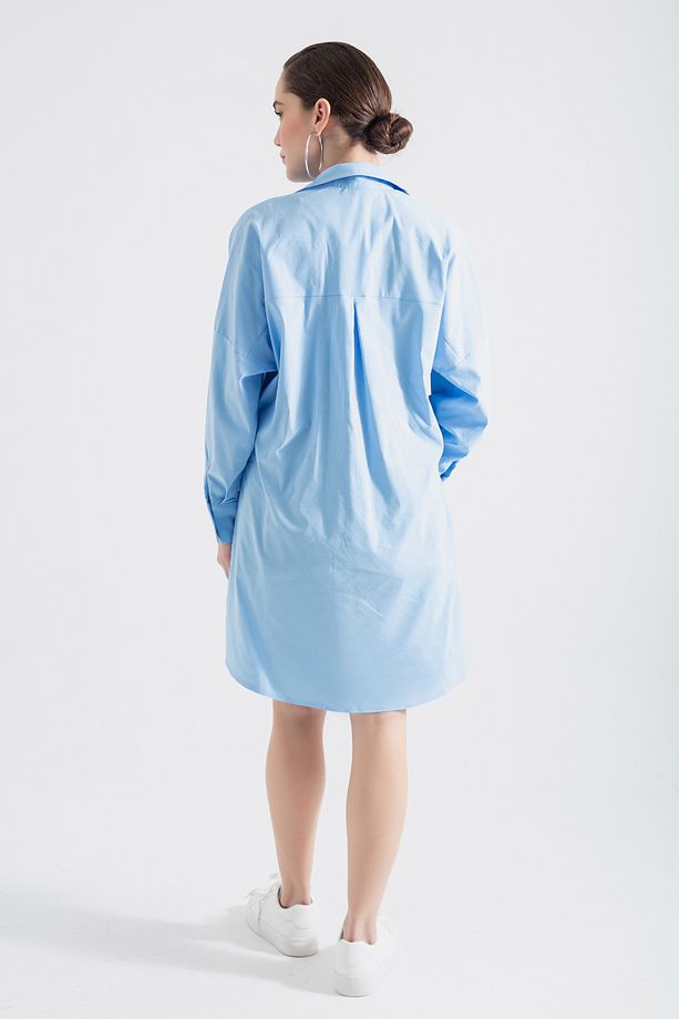 Kadın Mavi Oversize Tunik Gömlek - 6
