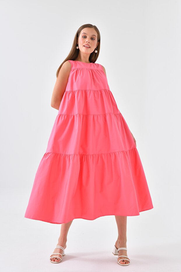 Pembe Katlı Midi Elbise - 3
