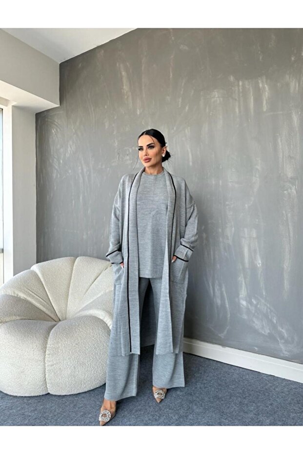 WOMEN'S COMFORTABLE FIT SIZE DETAILED BLUZED CARDIGAN PANT 3-PIECE SET