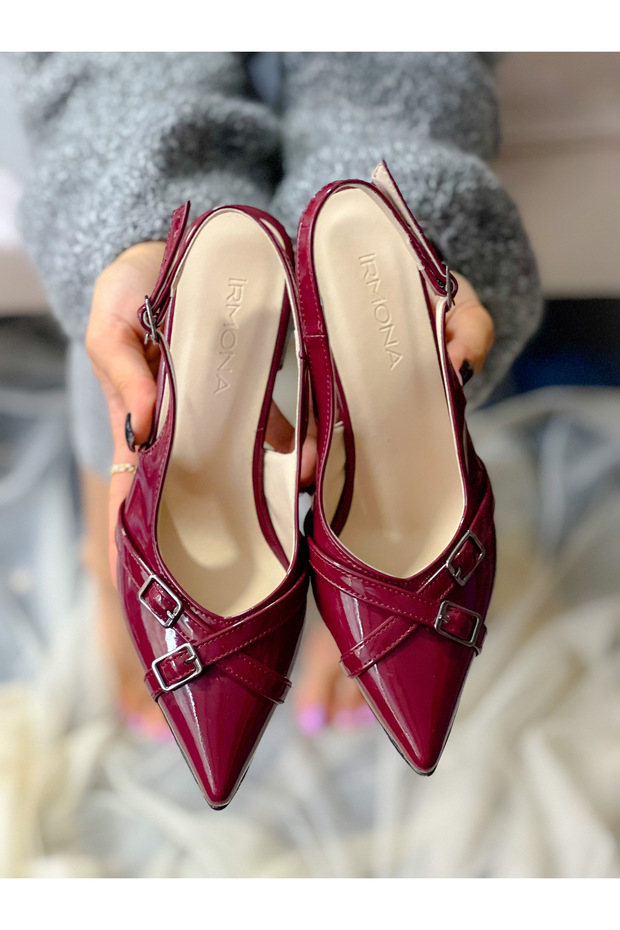 KENDI Claret Red Patent Leather Buckle Pointed Toe Heeled Sandals