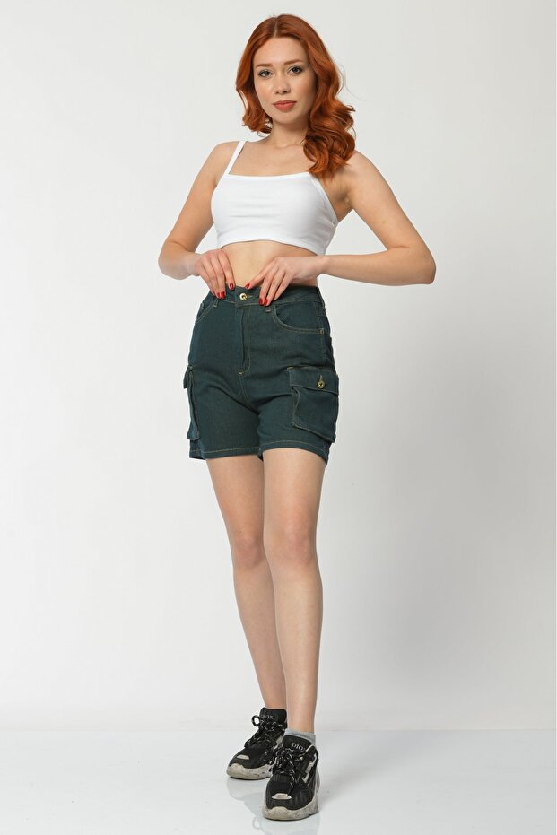 Whatsup Cargo Pocketed Denim Women's Shorts - Green
