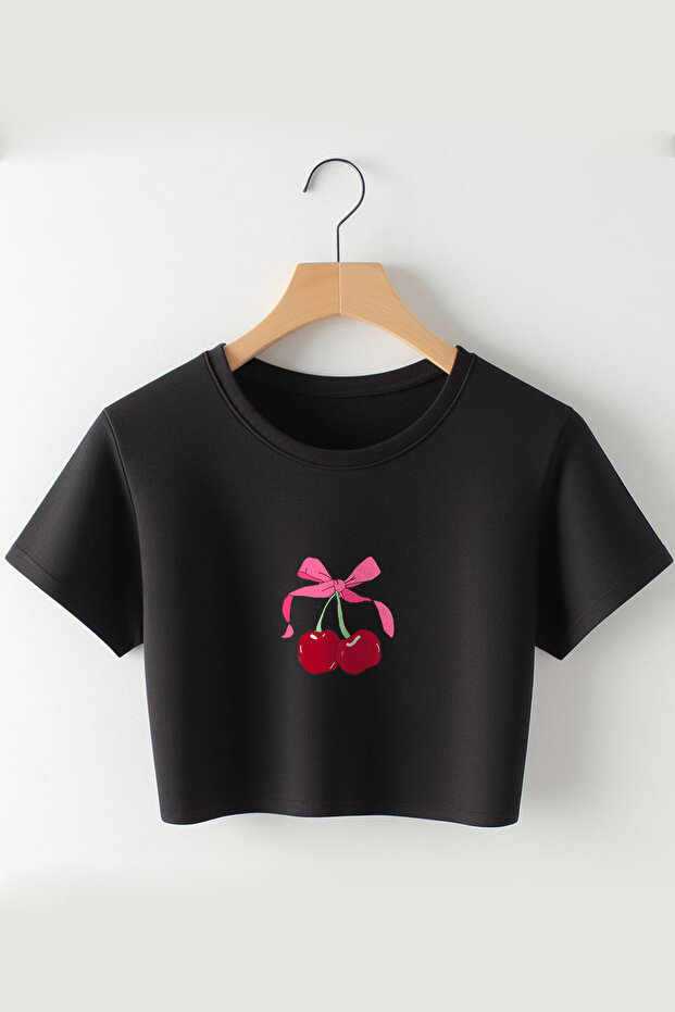 Cherry and Ribbon Printed 2024 Coquette Fashion Oversize Crew Neck Crop