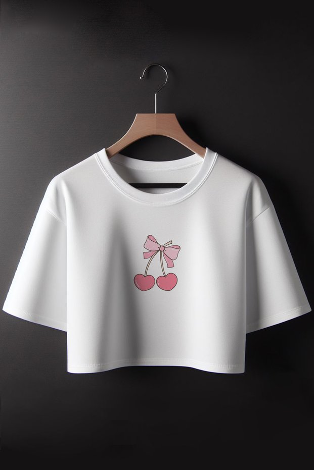 Cherry and Ribbon Printed 2024 Coquette Fashion Oversize Crew Neck Crop