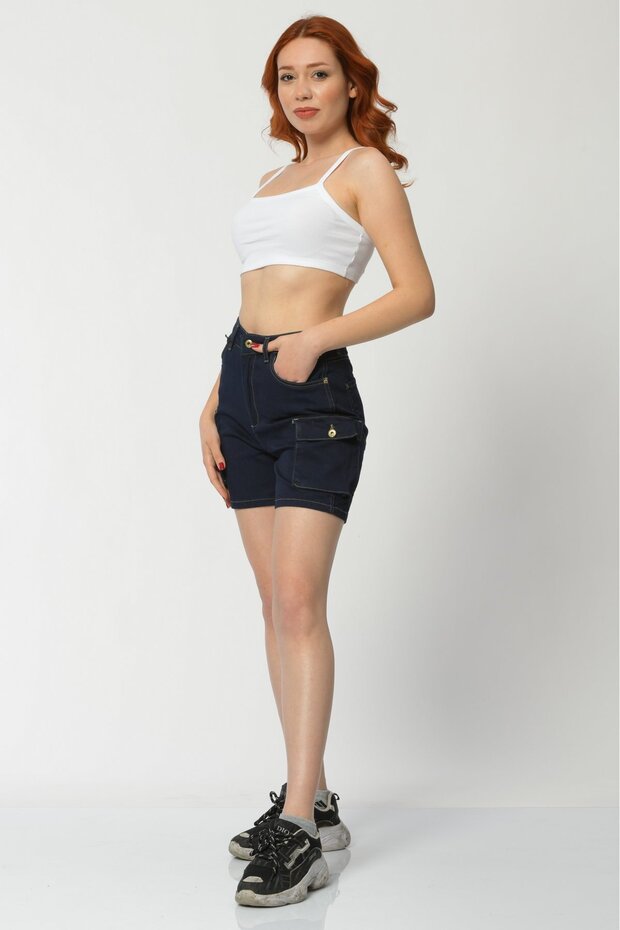 Whatsup Cargo Pocketed Denim Women's Shorts - Navy Blue