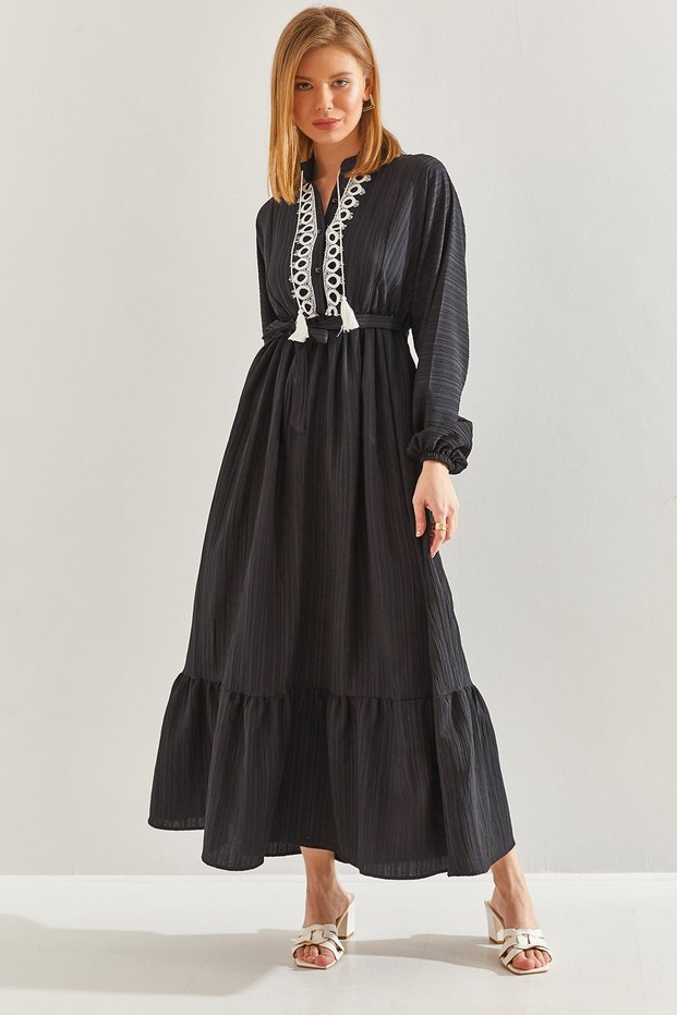 Women's Black Modest Dress with Lace Detail at the Collar and Elastic Waist Flared Dress 60151024