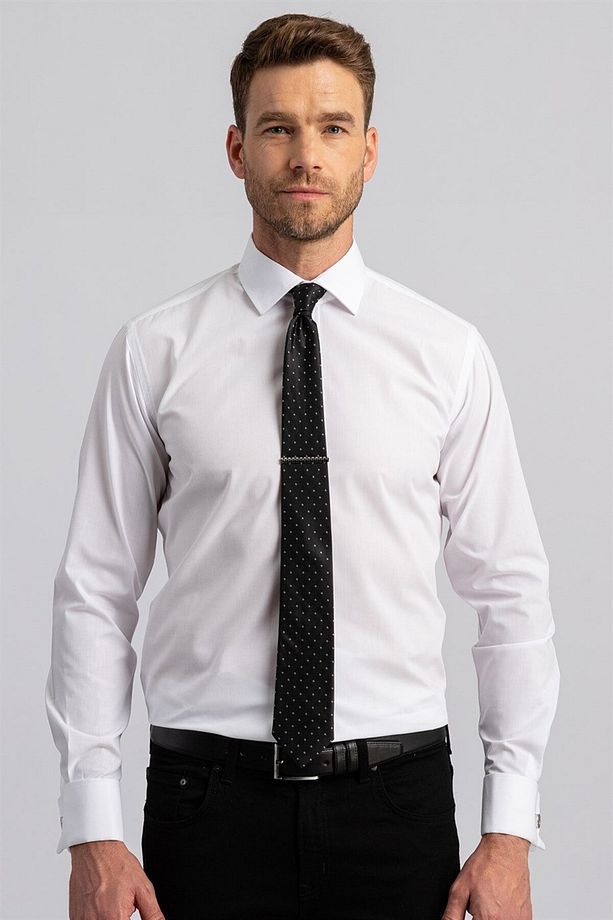 Modern Slim Fit Çift Manşet Erkek Beyaz Gömlek - 2