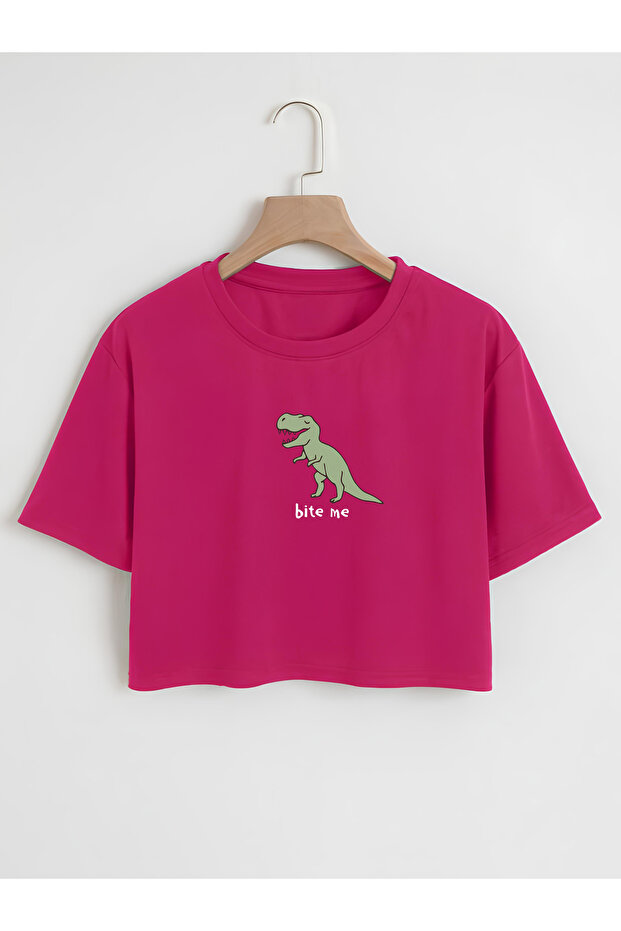Women's Oversize Crew Neck Bite Me Printed Crop T-shirt