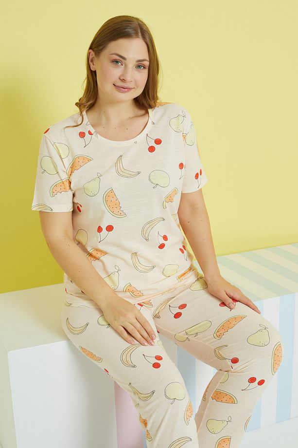 çok renkli Curve Büyük Beden Battal Boy Örme Pijama Takımı - 1